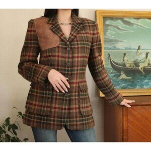 Vintage Ralph Lauren Plaid Wool Riding Blazer Jacket W/ Suede Accent Size 12 Bro
